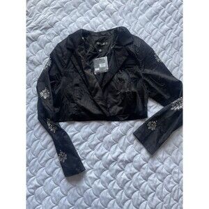 Balboa Women’s Large L Black Crop Top Long Sleeve Wrap Collared Pockets